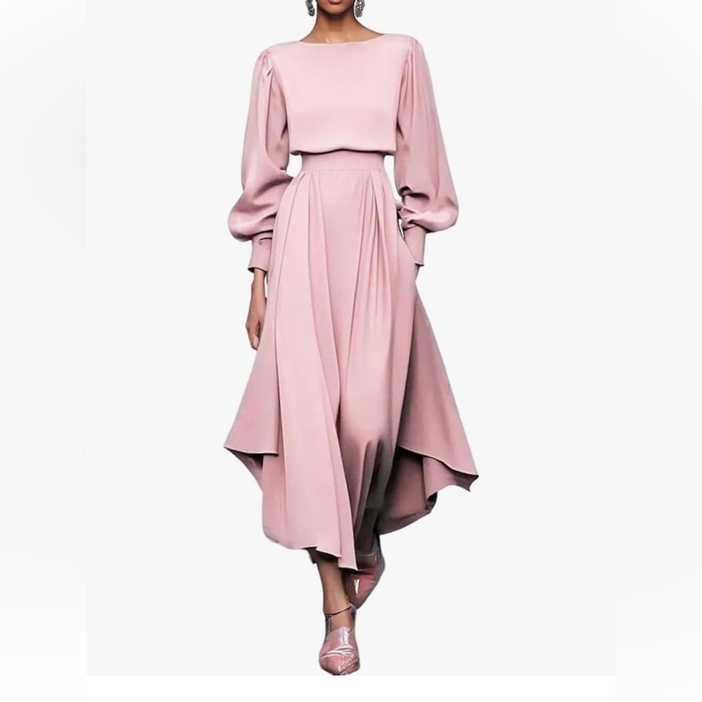 Fehaute  Asymmetric Boat Neck Long Balloon Sleeve A-Line Midi Dress pink size 10